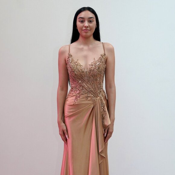 New Sheath Sleeveless Evening Dress w/ V-neck & Sheer Beaded Bodice JT2621U - Picture 1 of 8